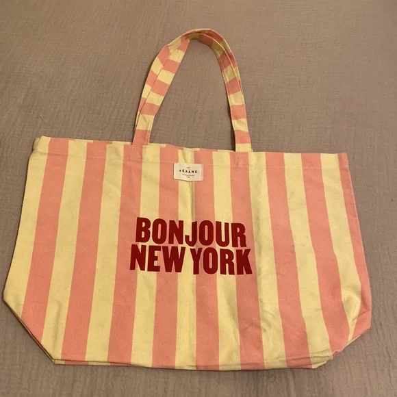 Sezane “Bonjour New York" Pink and Cream Striped Tote Bag - Picture 1 of 7